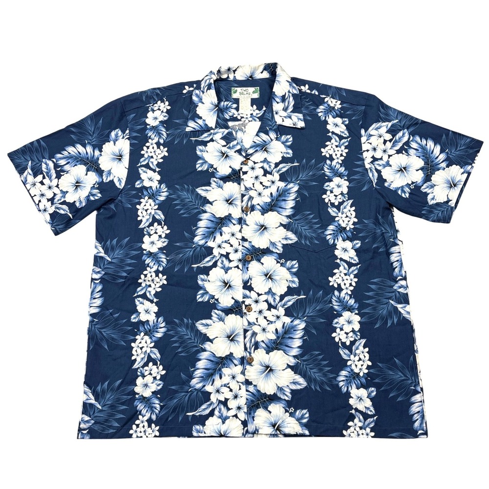 Two Palms Mens XL Hawaiian Shirt Navy Blue White Floral Hibiscus Made in Hawaii